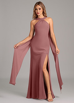 Azazie Kinsley Vestidos de damas de honor Vestido de Rosa Del Desierto de Gasa de Corte Sirena con Plisado image5