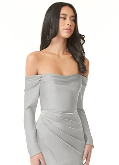 Azazie Hallie Bridesmaid Dresses Silver Sheath Off-The-Shoulder Long Sleeve Stretch Satin Convertible Dress image1