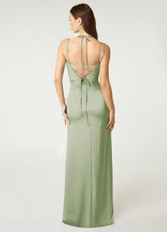 Azazie Desi Robes de demoiselle d'honneur Robe Fourreau en Satin extensible Corset dos nu Vert Sauge image3