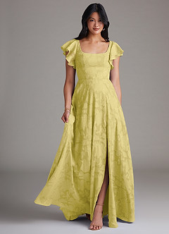 Azazie Bondi Bridesmaid Dresses Canary A-Line Side Slit Floral Burnout Dress image1