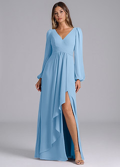 Azazie Liah Bridesmaid Dresses Powder Blue A-Line Long Sleeve Chiffon Dress image1