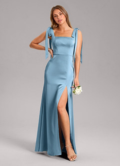 Azazie Frostine Bridesmaid Dresses Steel Blue A-Line Bow Stretch Satin Dress image1