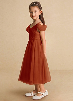Azazie Lizzette Flower Girl Dresses Paprika A-Line Ruched Tulle Dress image3