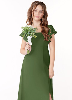 Azazie Bondi Junior Olive A-Line Bow Chiffon Dress image4