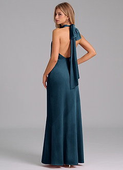 Azazie Velli Vestidos de damas de honor Vestido de Topacio Azul de terciopelo de Corte Sirena con Cuello Alto image6