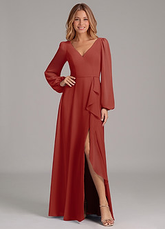 Azazie Simone Bridesmaid Dresses Terracotta A-Line Long Sleeve Chiffon Dress image1
