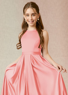 Azazie Arianthe Junior Coral A-Line with Pockets Matte Satin Dress image5