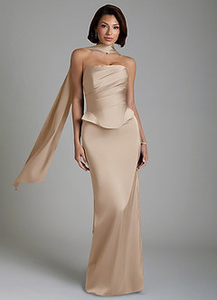 Azazie Harlow Robes de demoiselle d'honneur Robe Fourreau en Satin extensible Corset Taupe image1