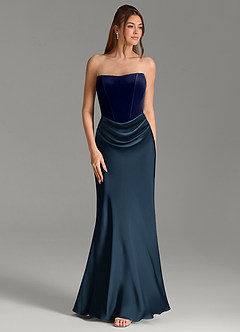 Azazie Morgan At-home Try On Dresses Dark Navy Mermaid Strapless Stretch Satin Dress image3