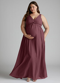 Azazie Yetta Maternity Bridesmaid Dresses A-Line V-Neck Gathered Chiffon Floor-Length Dress image7
