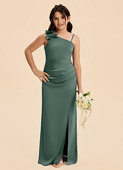 Azazie Remi Junior Sea Moss Sheath Side Slit Stretch Satin Dress image4