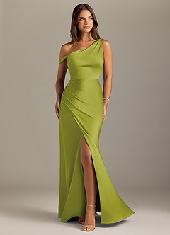 Azazie Madelyn Bridesmaid Dresses Lemongrass Mermaid One Shoulder Stretch Satin Convertible Dress image1
