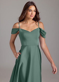 Azazie Marley Bridesmaid Dresses Eucalyptus A-Line Off the Shoulder Stretch Satin Convertible Dress image3