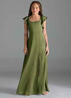 Azazie Bondi Junior Olive A-Line Side Slit Stretch Satin Dress image1