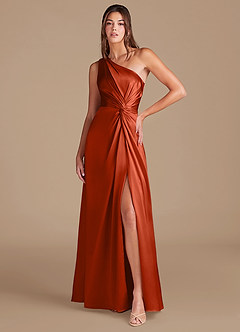 Azazie Brooke Bridesmaid Dresses Paprika A-Line One Shoulder Metallic Satin Dress image1