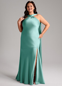 Azazie Kinsley Bridesmaid Dresses Aqua Mermaid Side Slit Stretch Satin Dress image11