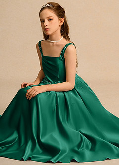 Azazie Mochi Girl vestidos de niña de las flores Vestido de Esmeralda de Satin Mate de Princesa con Plisado image3