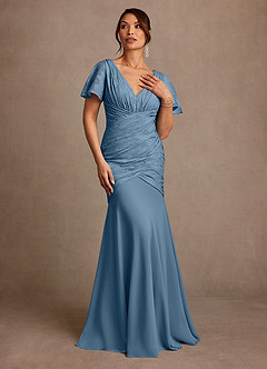 Azazie Jolene Mother of the Bride Dresses Steel Blue Mermaid Pleated Floral Burnout Dress image4