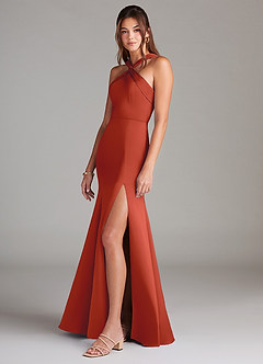 Azazie Rue Bridesmaid Dresses Rust A-Line Pleated Stretch Satin Dress image5