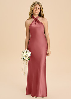 Azazie Chickie Junior Antique Rose Sheath Pleated Stretch Satin Dress image3