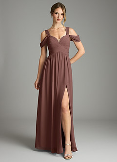 Azazie Lianne Bridesmaid Dresses Espresso A-Line Off the Shoulder Chiffon Dress image2