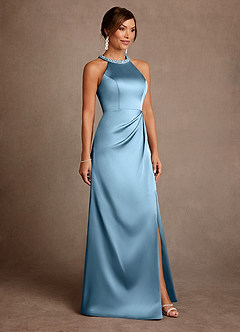 Azazie Lawrence 신부의 어머니 드레스 A라인 주름진 스트레치 새틴 플로어 길이 드레스 image4