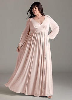 Azazie Norah Bridesmaid Dresses Rose Petal A-Line V-Neck Long Sleeve Chiffon Dress image8