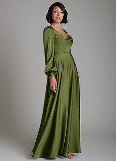 Azazie Solana Bridesmaid Dresses Olive A-Line Long Sleeve Stretch Satin Dress image5