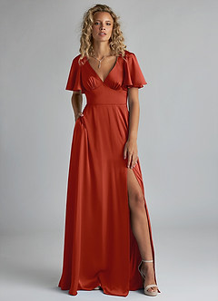 Azazie Kimber Bridesmaid Dresses Rust A-Line Ruched Stretch Satin Dress image1