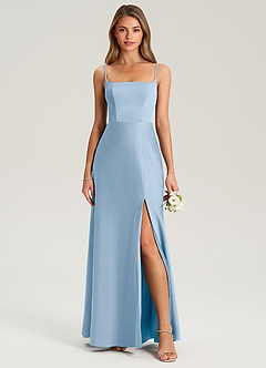 Azazie Lidia Bridesmaid Dresses Powder Blue Mermaid Side Slit Stretch Satin Dress image10