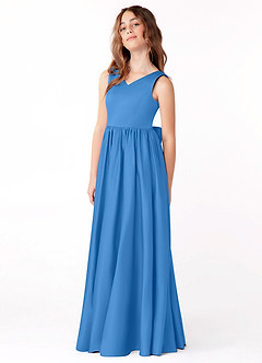 Azazie Hathaway Junior Blue Jay A-Line Bow Matte Satin Dress image4