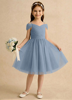 Azazie Lila Girls Formal Blumenmädchenkleider A-Linie Schulterfrei Tüll Kleid Staubblau image4