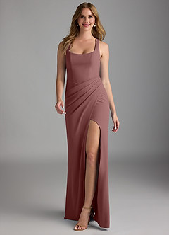 Azazie Mero Final Sale Desert Rose Sheath Pleated Stretch Crepe Dress image1