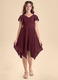 Azazie Janeaurelia Junior Vestido de Cabernet de Gasa de Corte En A con Plisado image6