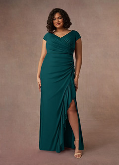 Azazie Roya Mother of the Bride Dresses Peacock Mermaid V-Neck Pleated Mesh Dress image7