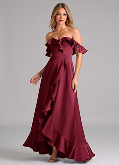 Azazie Lyra Bridesmaid Dresses Burgundy A-Line Off the Shoulder Stretch Satin Convertible Dress image1