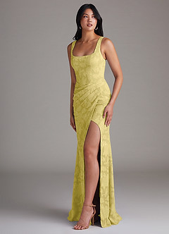 Azazie Mero Bridesmaid Dresses Canary Sheath Pleated Floral Burnout Dress image2