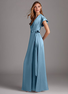 Azazie Nico Bridesmaid Dresses Steel Blue A-Line V-Neck Stretch Satin Dress image2