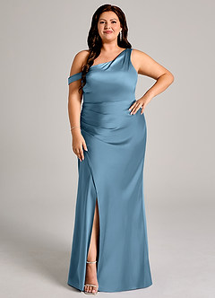 Azazie Madelyn Bridesmaid Dresses Steel Blue Mermaid One Shoulder Stretch Satin Convertible Dress image10