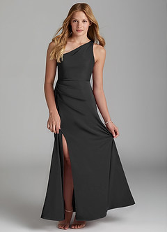 Azazie Maron Junior Black A-Line Pleated Stretch Satin Dress image1
