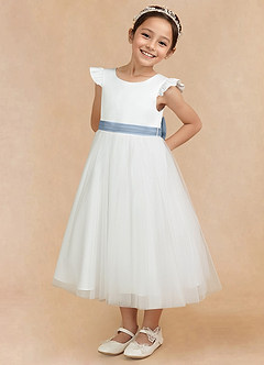 Azazie Hemi Flower Girl Dresses Ivory Dusty Blue A-Line Bow Tulle Dress image2