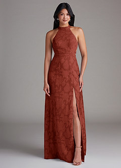 Azazie Clarice Bridesmaid Dresses Terracotta A-Line Side Slit Floral Burnout Dress image4