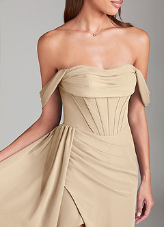 Azazie Amyra Bridesmaid Dresses Champagne Sheath Off the Shoulder Chiffon Convertible Dress image6