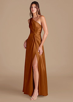 Azazie Brooke Bridesmaid Dresses Copper A-Line One Shoulder Metallic Satin Dress image4