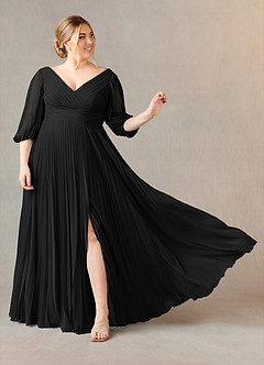 Azazie Zahara Mère de la mariée Robes Robe Trapèze en Mousseline de soie Col V plissé Noir image7