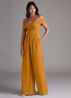 Azazie Lamara Bridesmaid Dresses Butterscotch Off the Shoulder Chiffon Convertible Jumpsuit image4