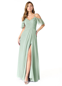 Azazie Dakota Bridesmaid Dresses Agave A-Line V-Neck Pleated Chiffon Dress image1