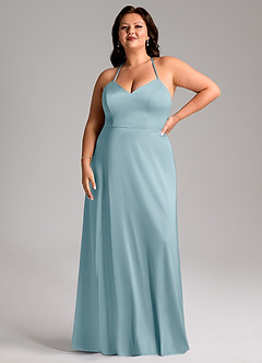 Azazie Mei Vestidos de damas de honor Vestido de Azul Malhumorado de Satén Elástico de Corte en A con Cuello en V image7