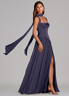 Azazie Stephanie Abiti da Damigella Abito A-Line in Raso Elasticizzato Plissettato Stormy image3