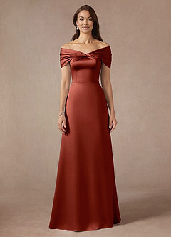 Azazie Amelia Mother of the Bride Dresses Terracotta A-Line Off the Shoulder Stretch Satin Dress image3